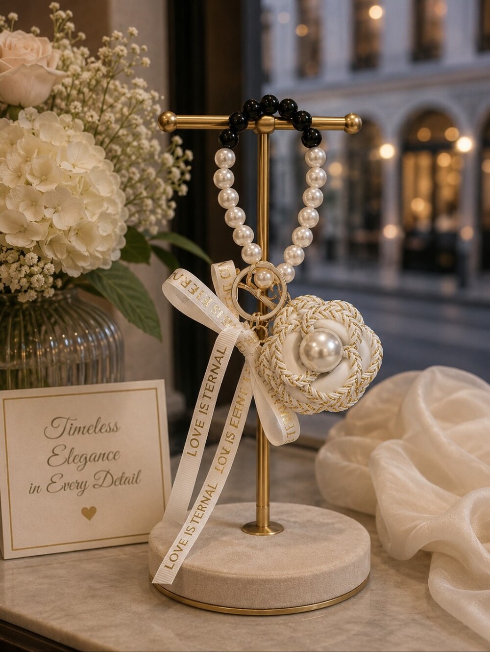 Pearl And White Flower Charm Keychain Wristlet